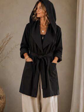 Zara Black Faux Suede Hooded Belted Wrap Jacket XL Lagenlook Minimalist NWOT